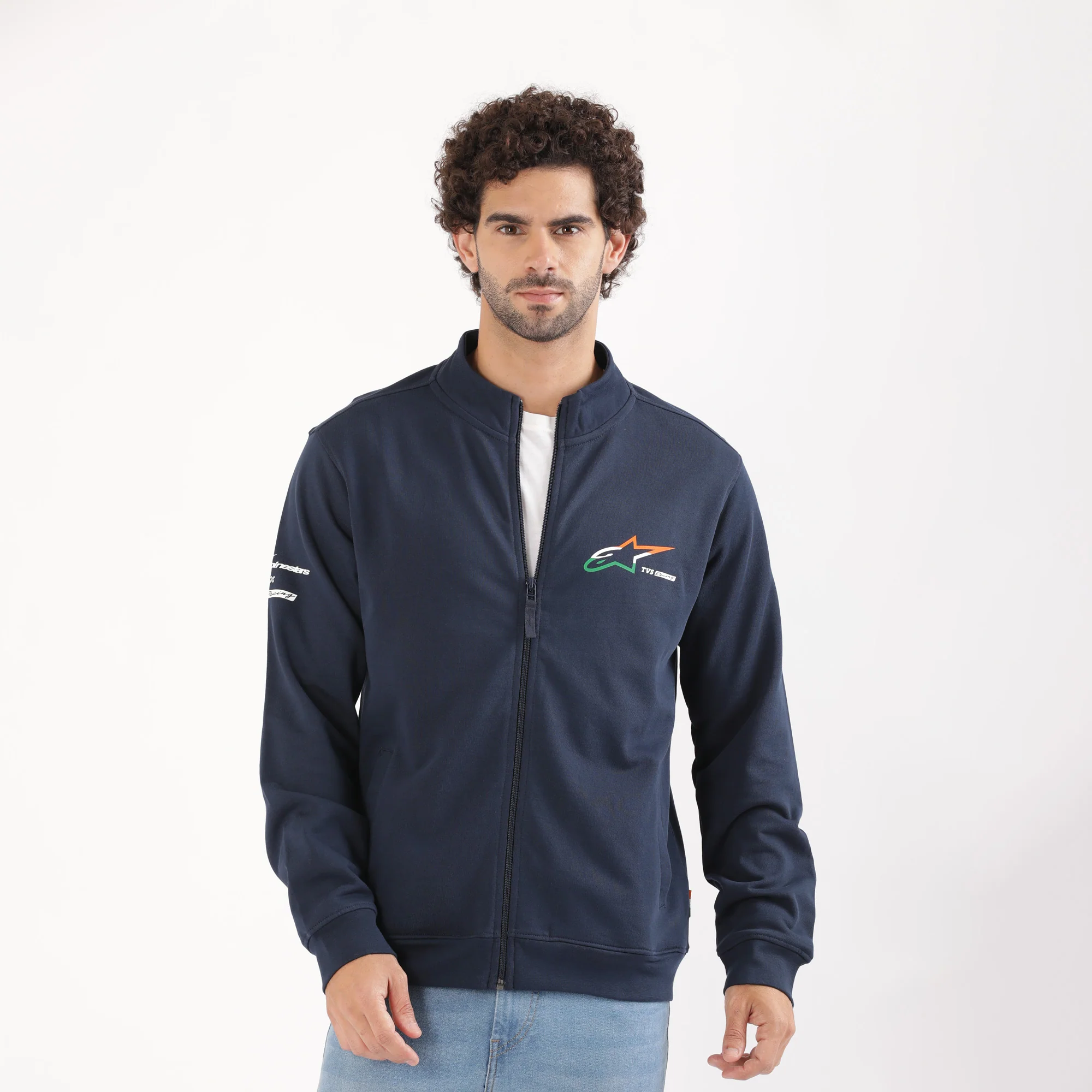 TVS Racing x Alpinestars High Neck Sweatshirt – 100% Cotton French Terry, Ultra-Soft Comfort, Breathable Anti-Odor Fabric, YKK Zipper, Ribbed Hem, Utility Pockets & Stylish Rider Look